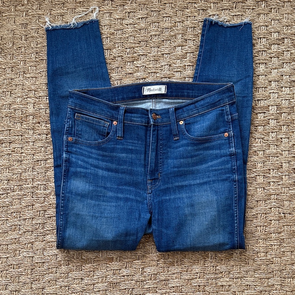 Madewell Ankle Cropped 9” High Rise Skinny Denim Blue Jeans Frayed Hems